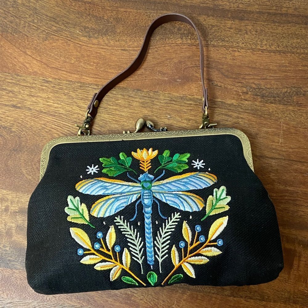 Embroidered Dragonfly Black Handbag